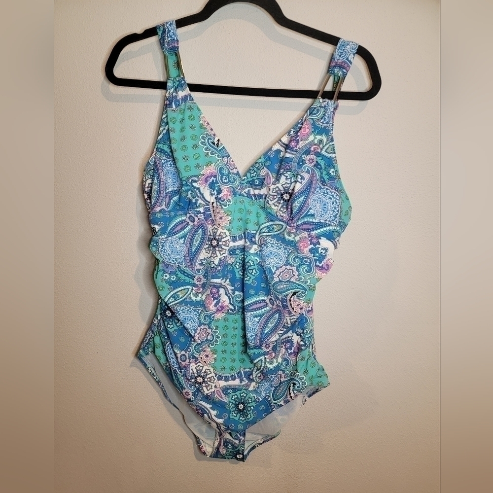 Assets by Spanx size XL turquoise‎ and blue paisley design one piece swimsuit. - Picture 9 of 9